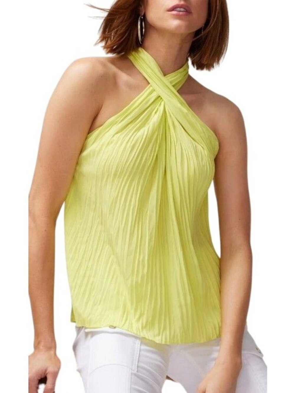 White House Black Market Halter Top Crinkle Satin Cross Front Size 12 NEW $79